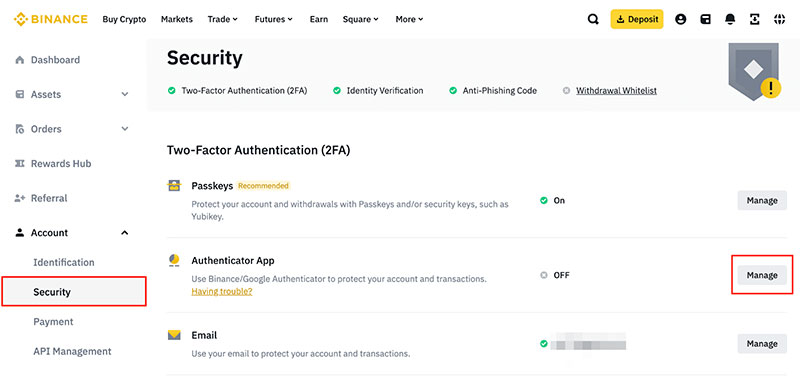 Binance two-factor authentication 2FA security settings interface
