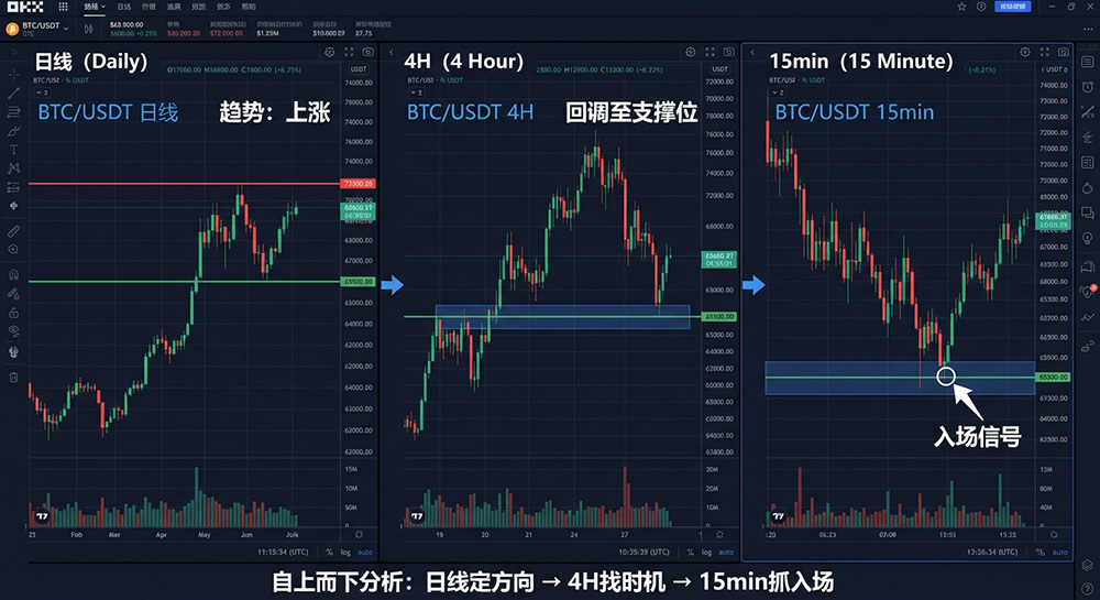 OKX BTC Three Timeframe Comparison Chart